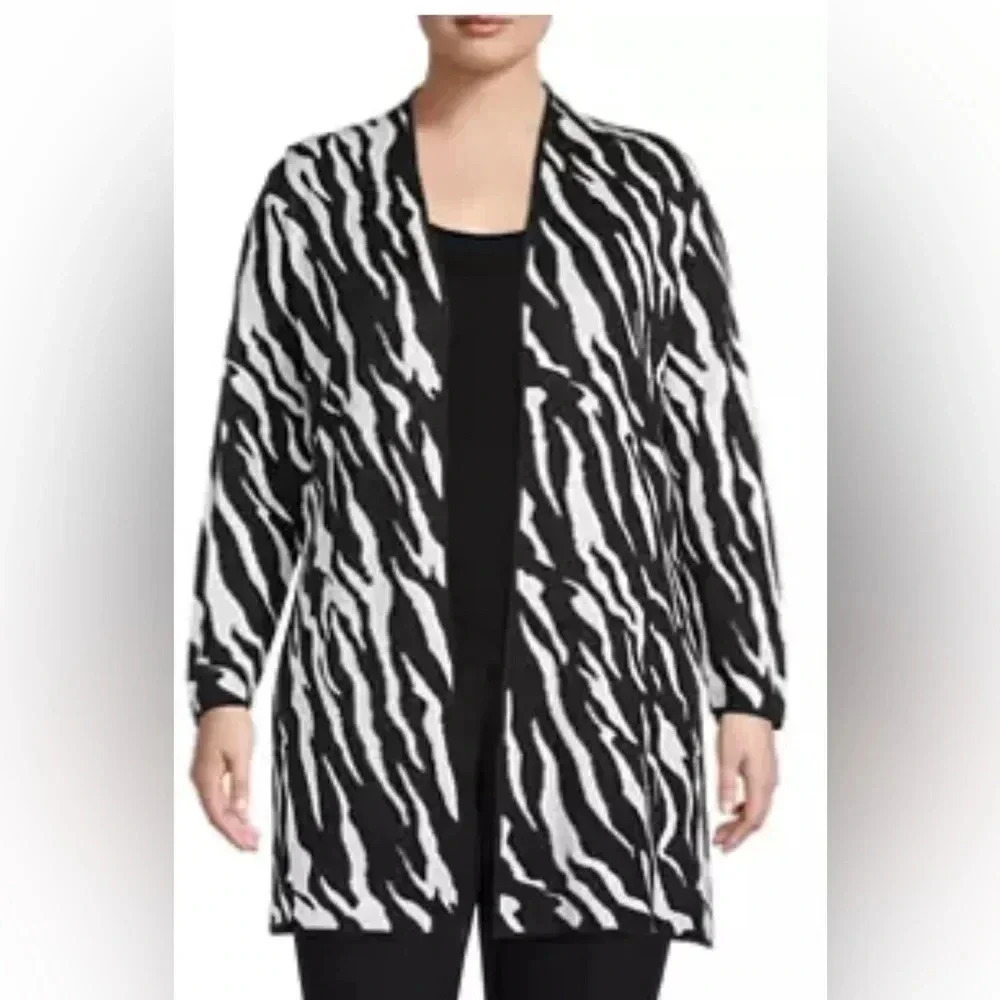 Kasper plus size zebra print jacquard side slit cardigan 1X